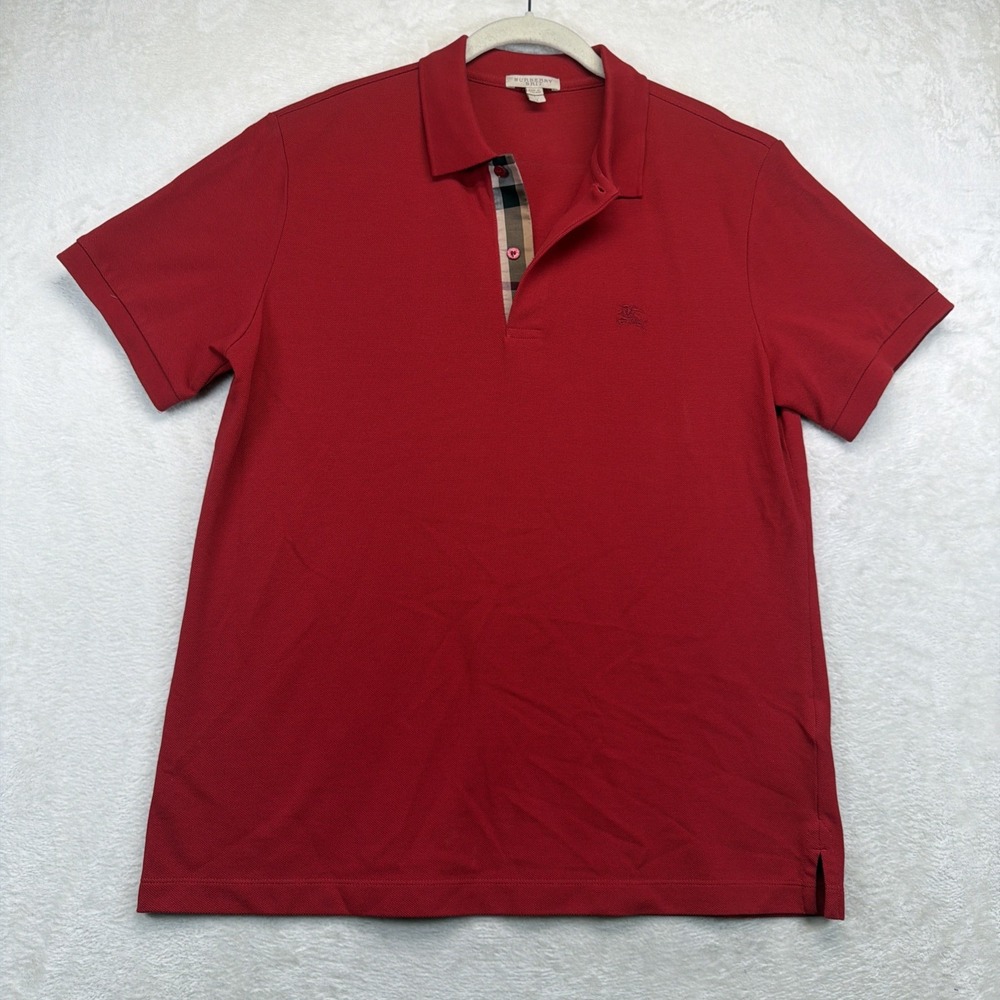 Burberry Brit Men's Red Cotton Pique Polo Nova Check Placket Logo Shirt L